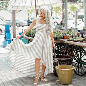 Neutral striped lace up hi lo dress